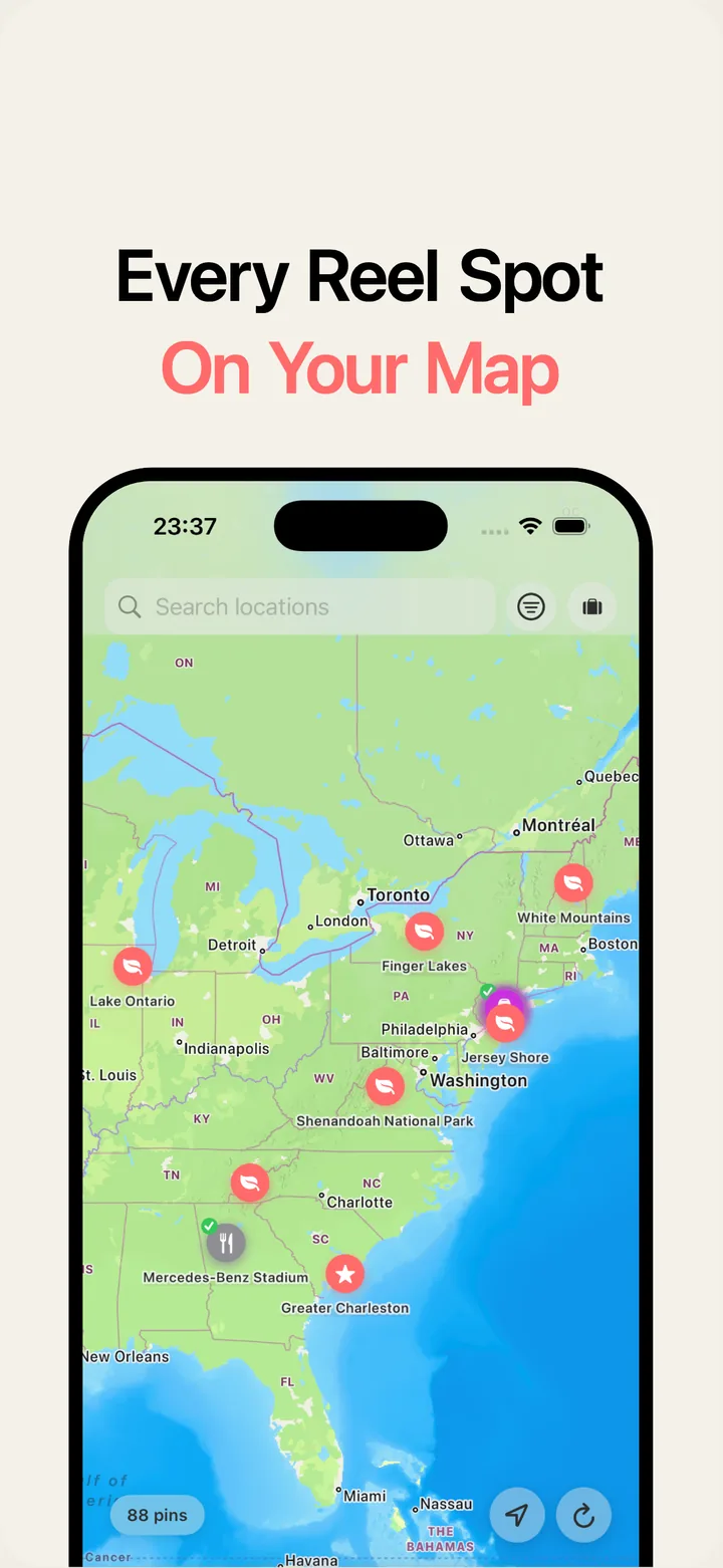 Saved spots pinned across a map in Pintra